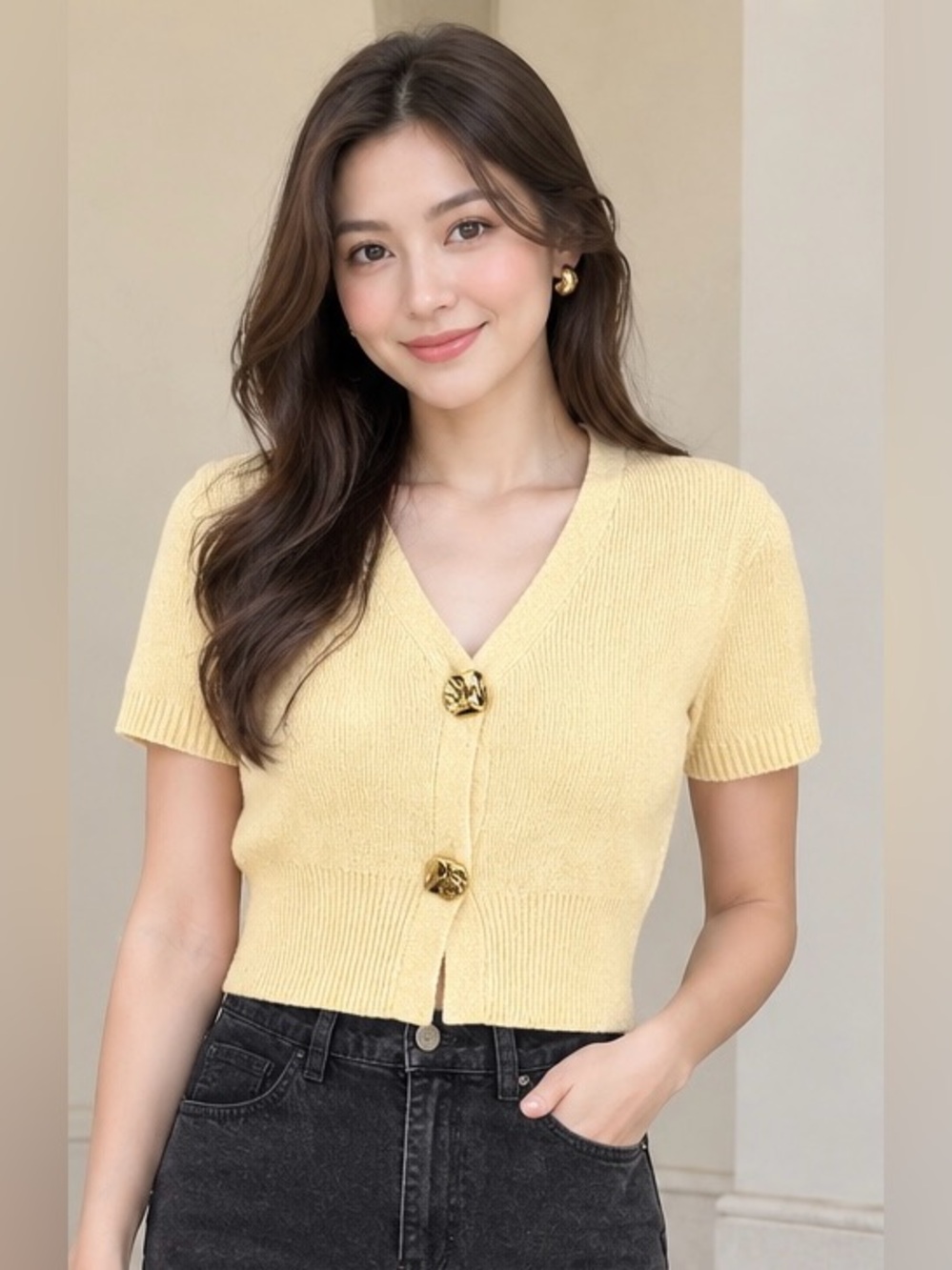 Short-Sleeve Knit Cardigan with Decorative Buttons - Cream